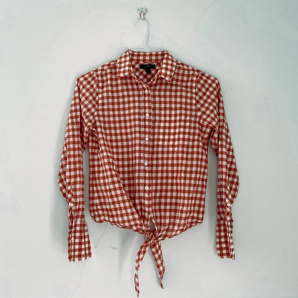 JCrew tie-front gingham stretch-cotton shirt